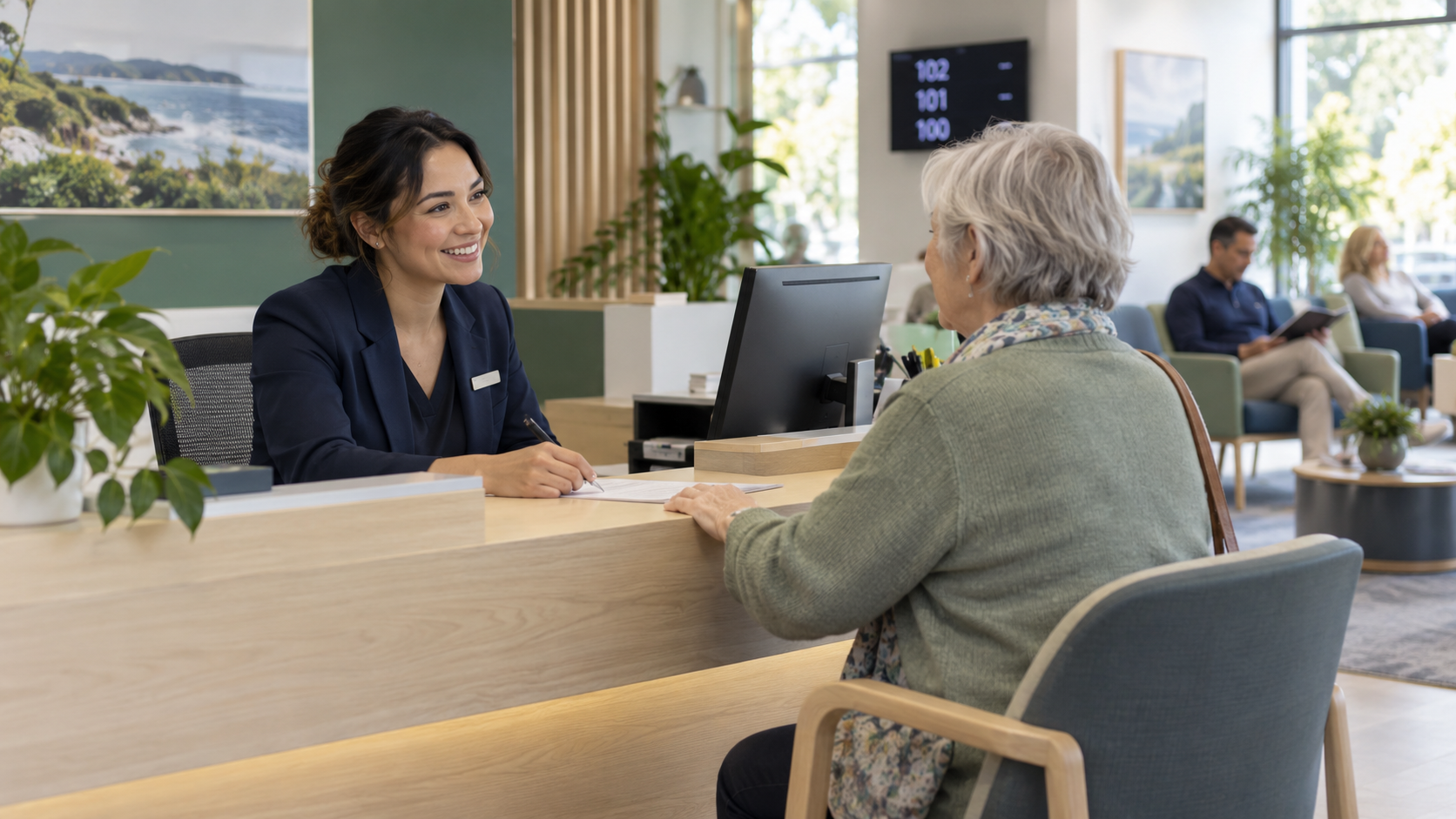 Illustrative receptionist assisting a customer at a service desk