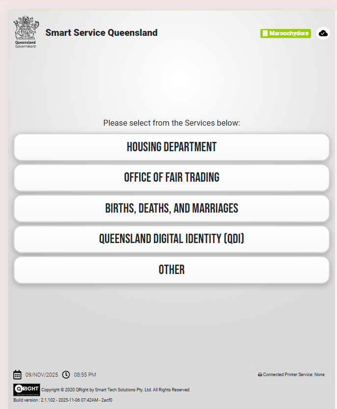Smart Service Queensland Maroochydore service-selection interface
